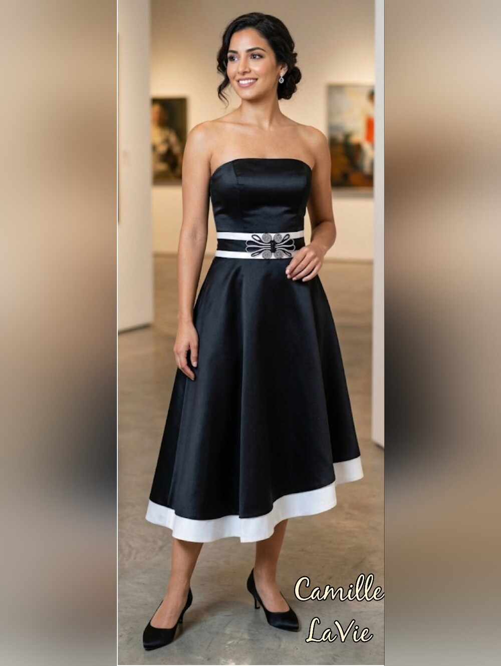 Camille La Vie Black Strapless A-Line Dress with White Banding Size 4 NWT